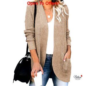Long Sleeve Open Front Cardigan Chunky Knit Draped Sweater with Pockets